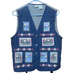 Denim Patchwork Floral Embroidery Vest Napa Valley Petites Womens Blue Small 80s